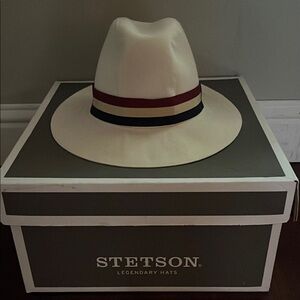 Lock & Co. Hatters Cream Fedora Hat with Red and Blue Band